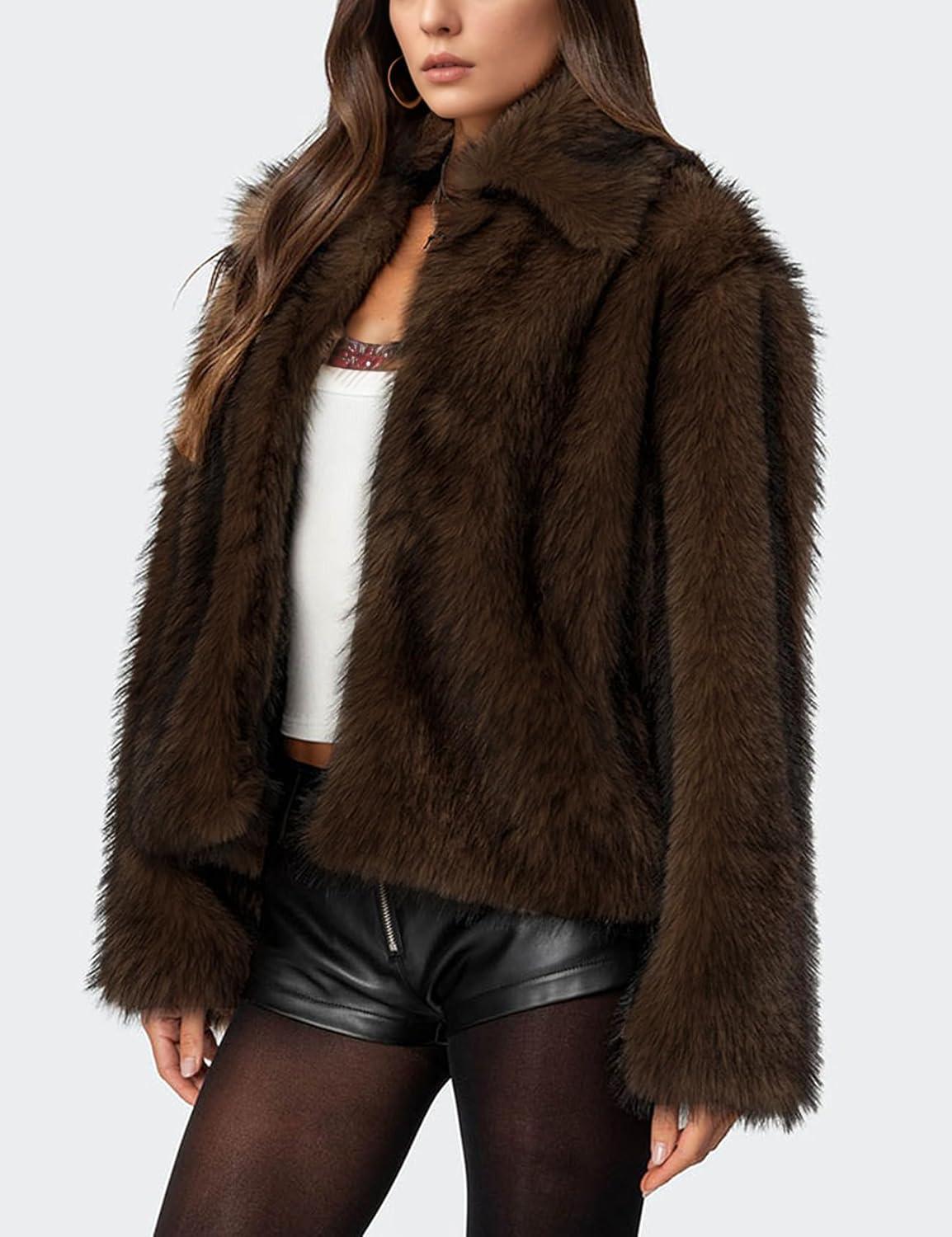 imageWyeysyt Womens Faux Fur Coat Cropped Lapel Fur Jacket Fluffy Open Front Fuzzy Winter Short Coat OuterwearCoffee
