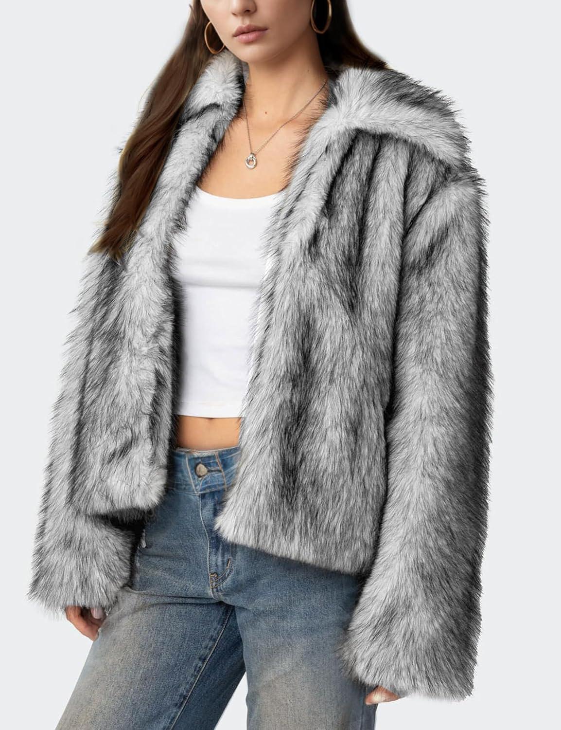 imageWyeysyt Womens Faux Fur Coat Cropped Lapel Fur Jacket Fluffy Open Front Fuzzy Winter Short Coat OuterwearWhite Black