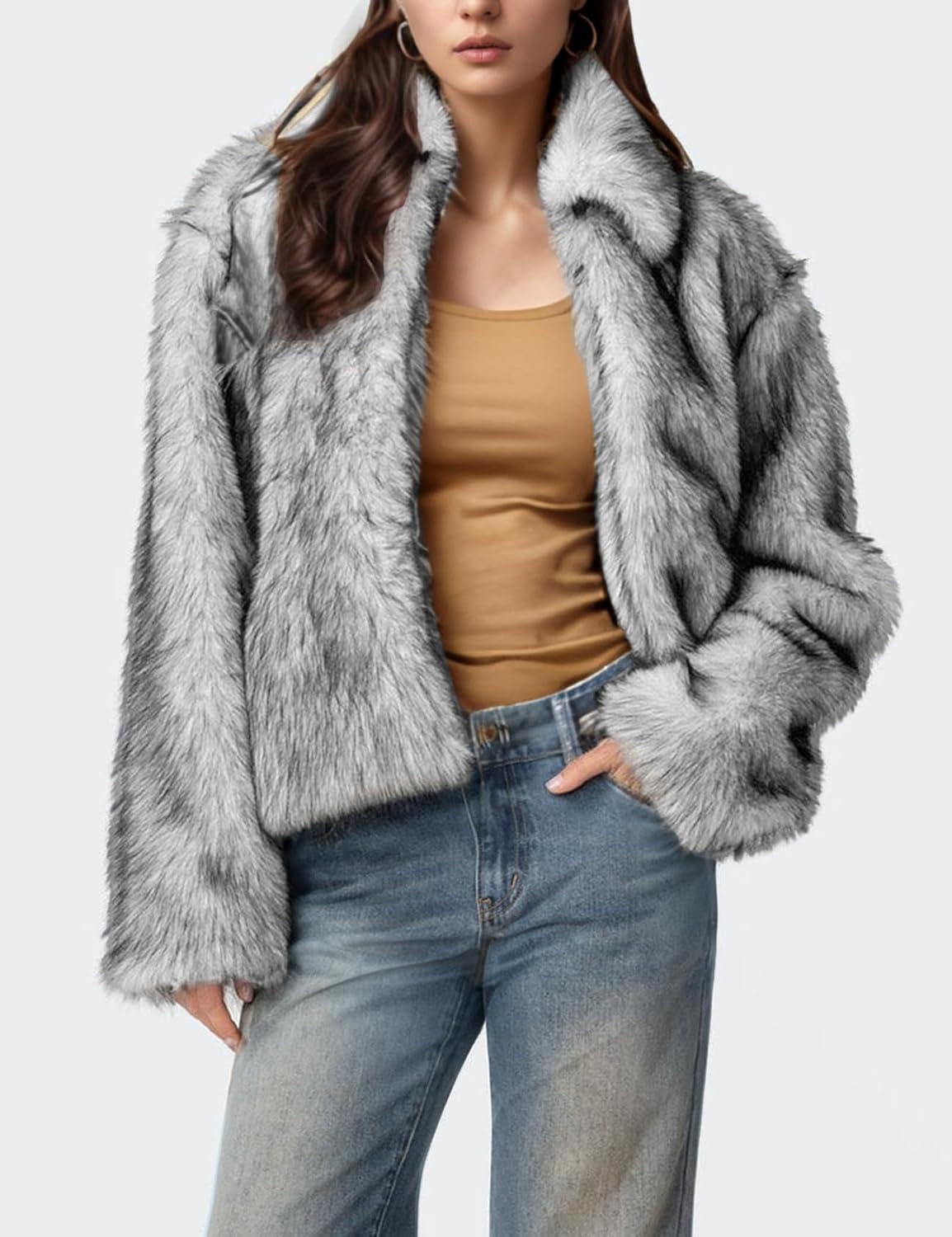 imageWyeysyt Womens Faux Fur Coat Cropped Lapel Fur Jacket Fluffy Open Front Fuzzy Winter Short Coat OuterwearWhite Black