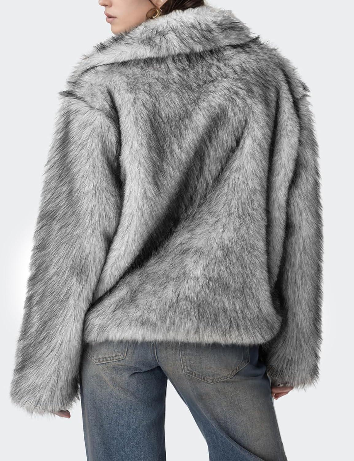 imageWyeysyt Womens Faux Fur Coat Cropped Lapel Fur Jacket Fluffy Open Front Fuzzy Winter Short Coat OuterwearWhite Black