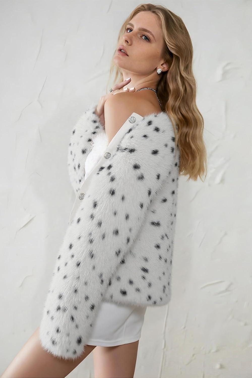 imageXULIKU Women Faux Fur Snow Leopard Print Jacket Hip Length Long Sleeve Button Front 2 Pockets White with Black SpotsWhite With Black Spots
