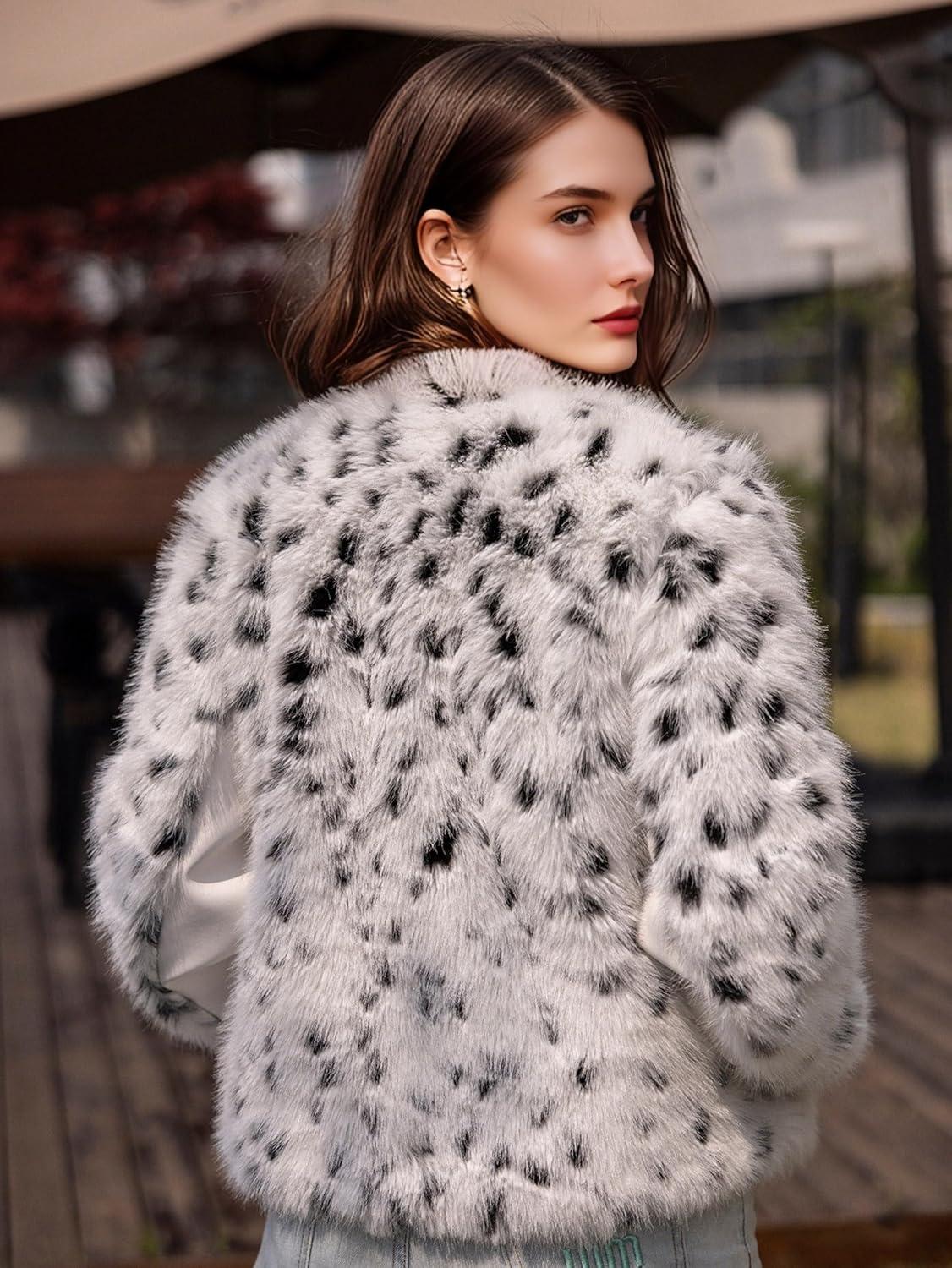imageXULIKU Women Faux Fur Snow Leopard Print Jacket Hip Length Long Sleeve Button Front 2 Pockets White with Black SpotsWhite With Black Spots
