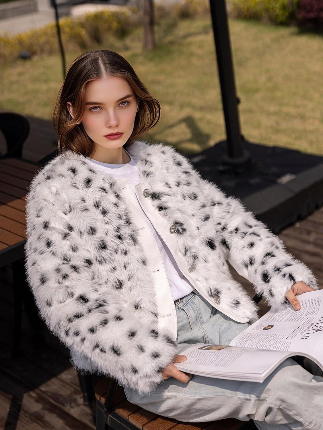 imageXULIKU Women Faux Fur Snow Leopard Print Jacket Hip Length Long Sleeve Button Front 2 Pockets White with Black SpotsWhite With Black Spots