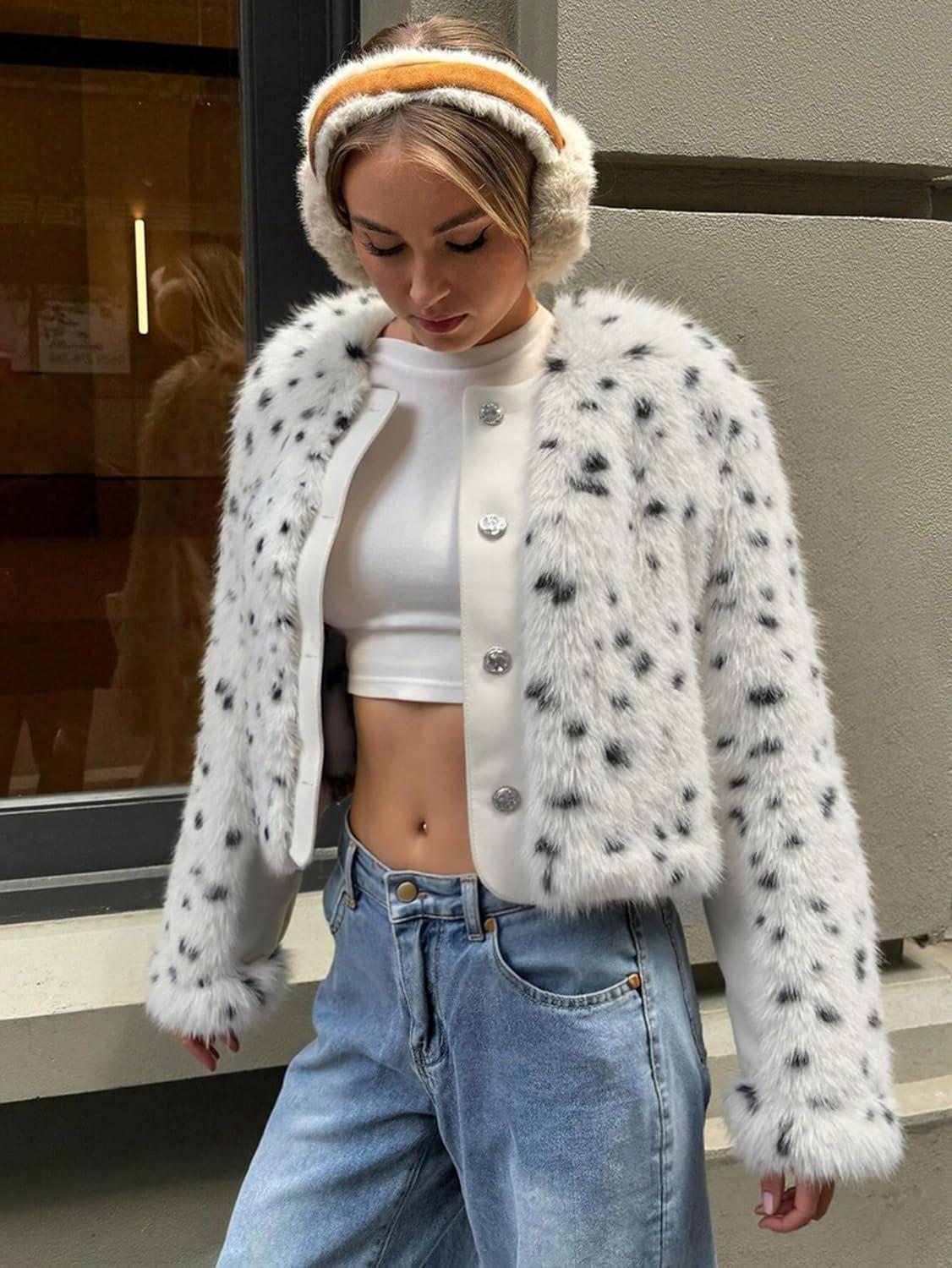 imageXULIKU Women Faux Fur Snow Leopard Print Jacket Hip Length Long Sleeve Button Front 2 Pockets White with Black SpotsWhite With Black Spots