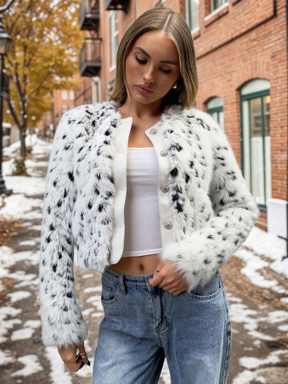 imageXULIKU Women Faux Fur Snow Leopard Print Jacket Hip Length Long Sleeve Button Front 2 Pockets White with Black SpotsWhite With Black Spots
