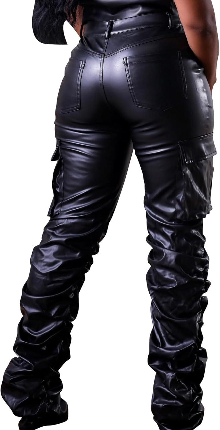 imageZebaexf Womens Stretchy Faux Leather Leggings PantsHigh Waist Stacked Pants for WomenStackedblack