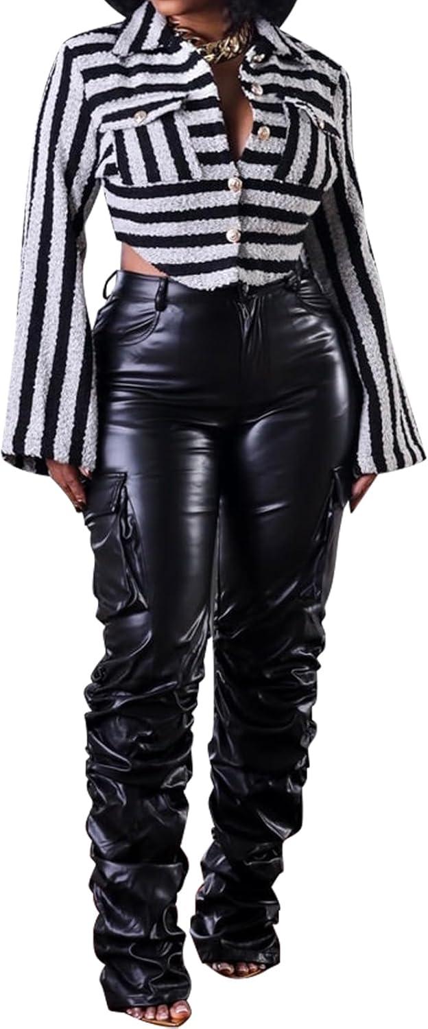 imageZebaexf Womens Stretchy Faux Leather Leggings PantsHigh Waist Stacked Pants for WomenStackedblack