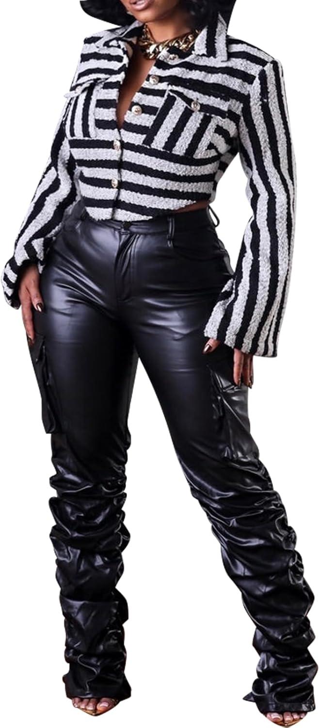 imageZebaexf Womens Stretchy Faux Leather Leggings PantsHigh Waist Stacked Pants for WomenStackedblack
