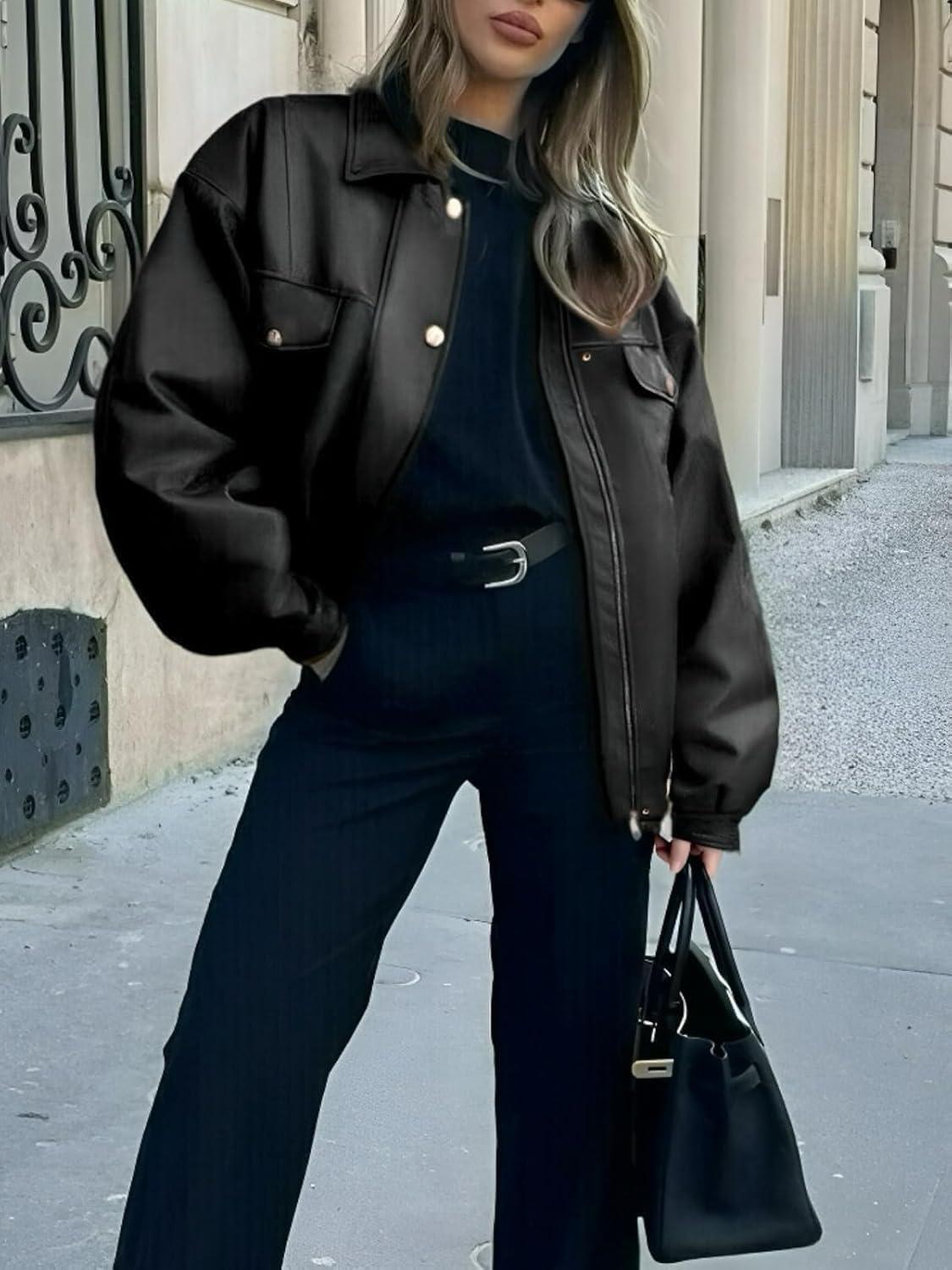 imagehathne Womens PU Leather Jacket Oversized Vintage Long Sleeve Motorcycle Faux Leather Blazer JacketsBlack