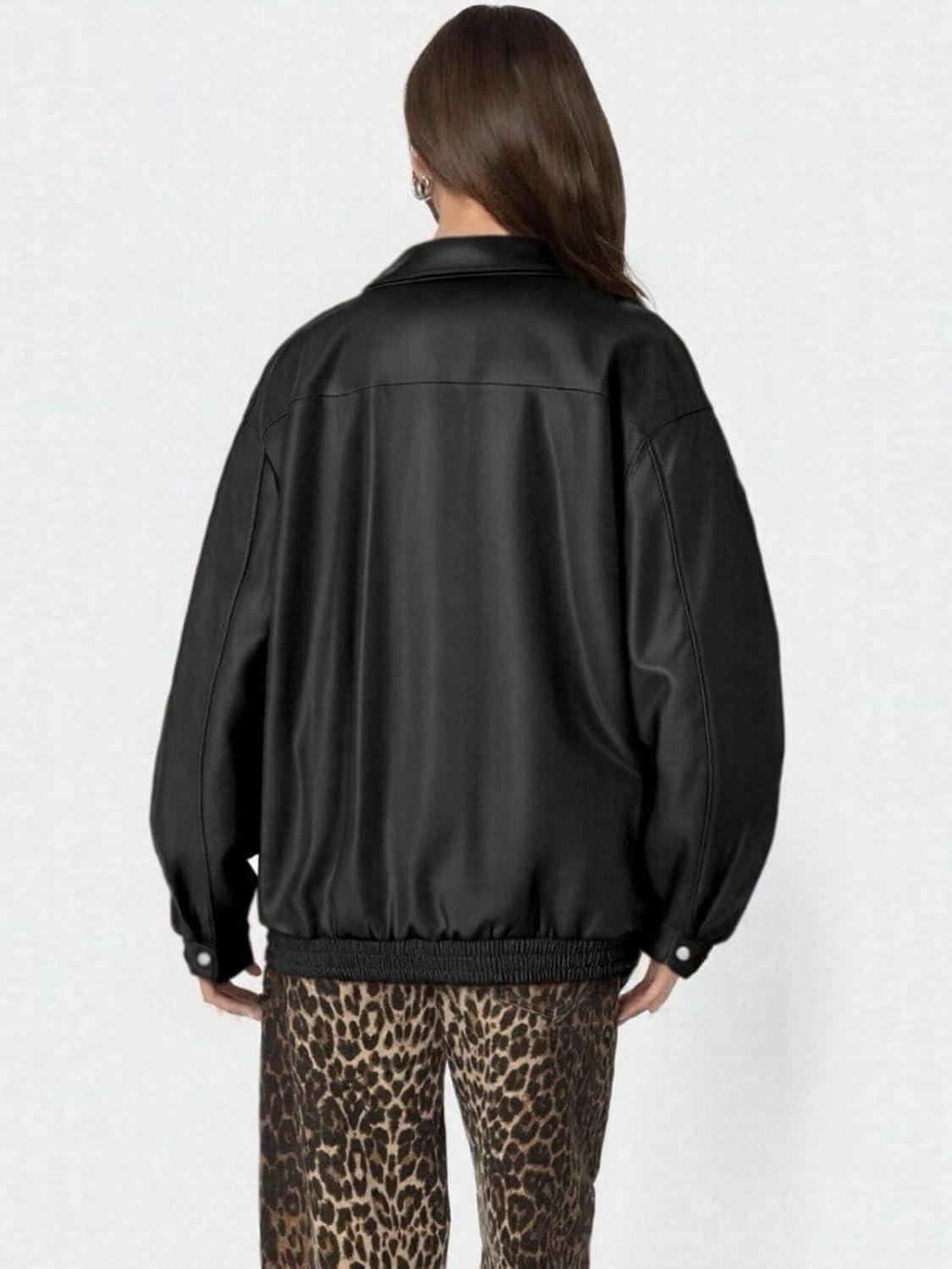 imagehathne Womens PU Leather Jacket Oversized Vintage Long Sleeve Motorcycle Faux Leather Blazer JacketsBlack