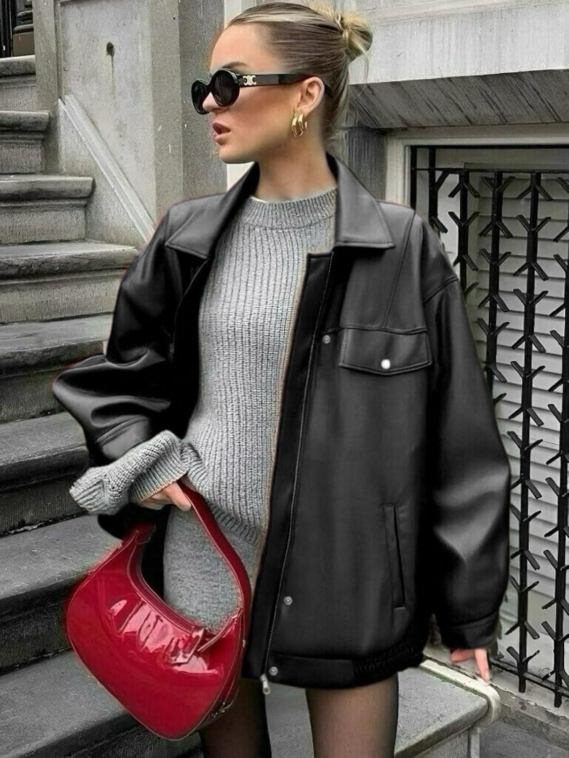 imagehathne Womens PU Leather Jacket Oversized Vintage Long Sleeve Motorcycle Faux Leather Blazer JacketsBlack