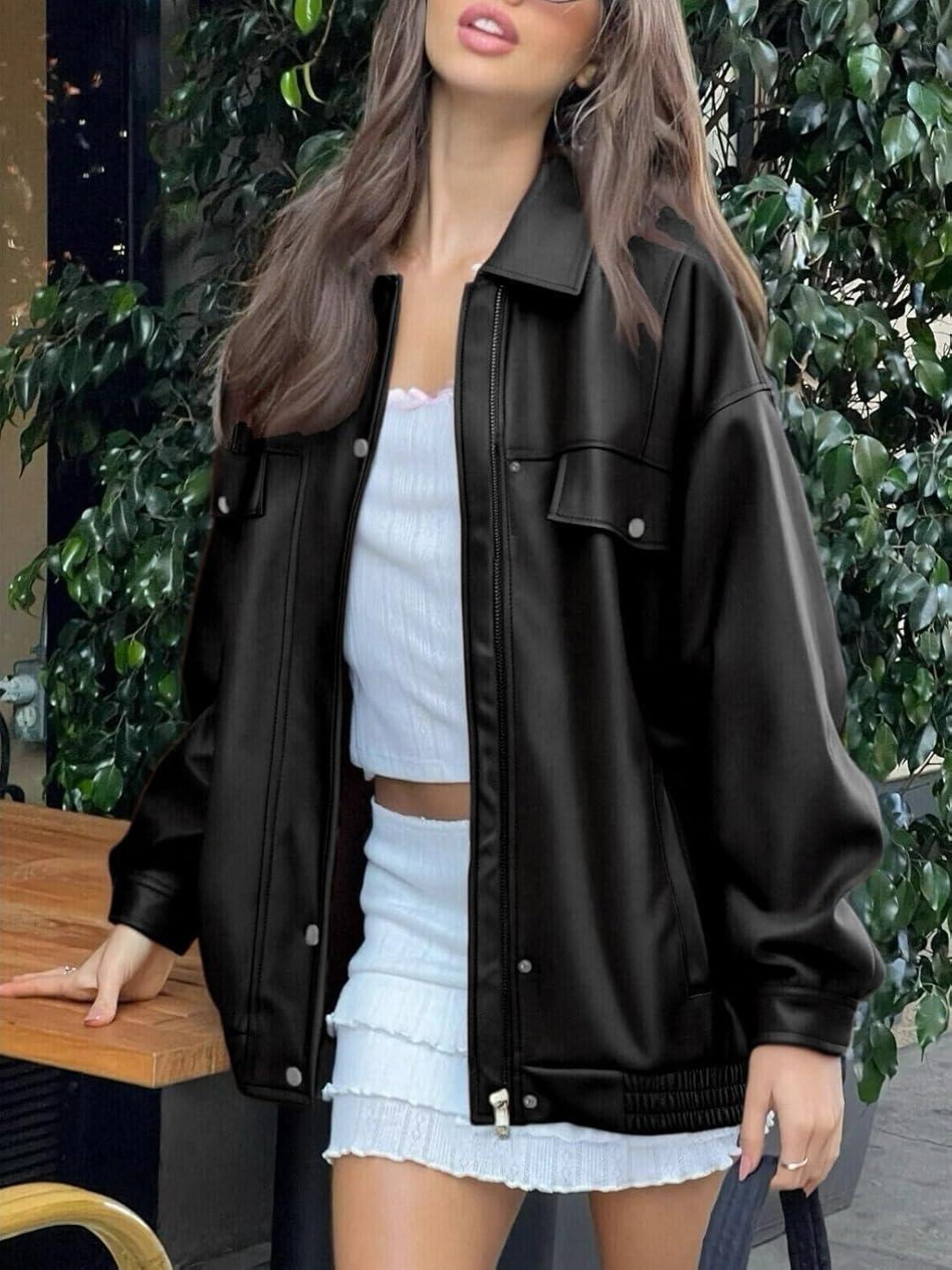 imagehathne Womens PU Leather Jacket Oversized Vintage Long Sleeve Motorcycle Faux Leather Blazer JacketsBlack