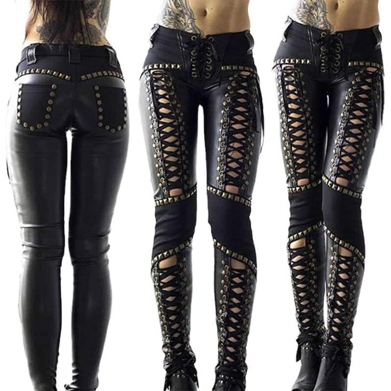 imageBandage Goth Y2K Sexy Tight Trousers Women Gothic Faux Leather Hollow Out PU Lady Punk Rock Skinny PantBlack