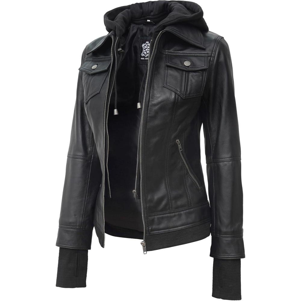 imageBlingsoul Hooded Leather Jacket Women Real Lambskin Womens Leather Jackets with Detachable HoodBlack Betty Jacket