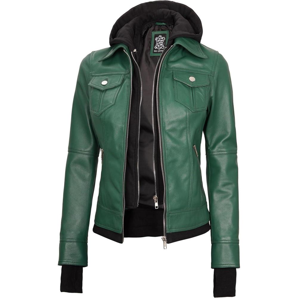 imageBlingsoul Hooded Leather Jacket Women Real Lambskin Womens Leather Jackets with Detachable HoodGreen Betty Jacket