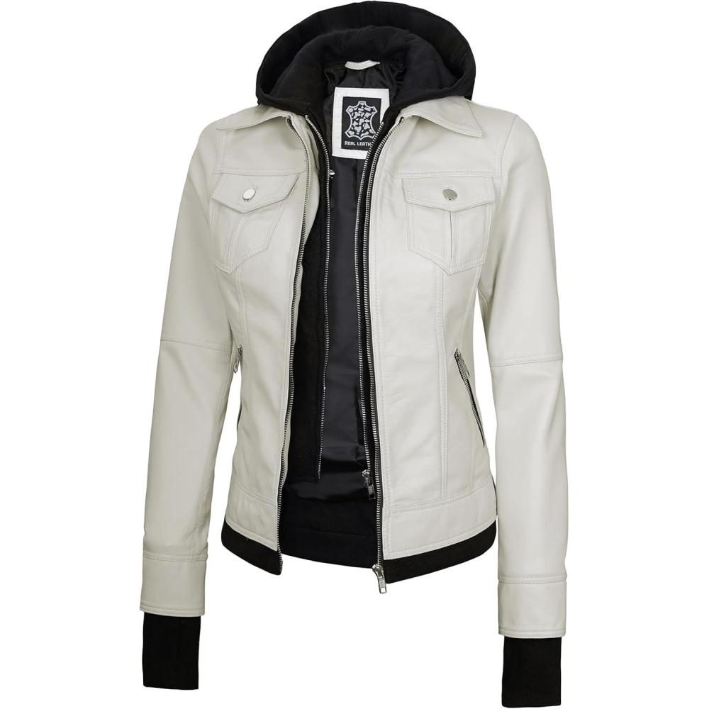 imageBlingsoul Hooded Leather Jacket Women Real Lambskin Womens Leather Jackets with Detachable HoodOff White Betty Jacket