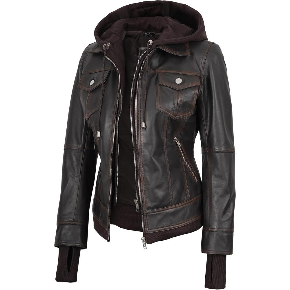 imageBlingsoul Hooded Leather Jacket Women Real Lambskin Womens Leather Jackets with Detachable HoodTralee Ruboff Brown Jacket