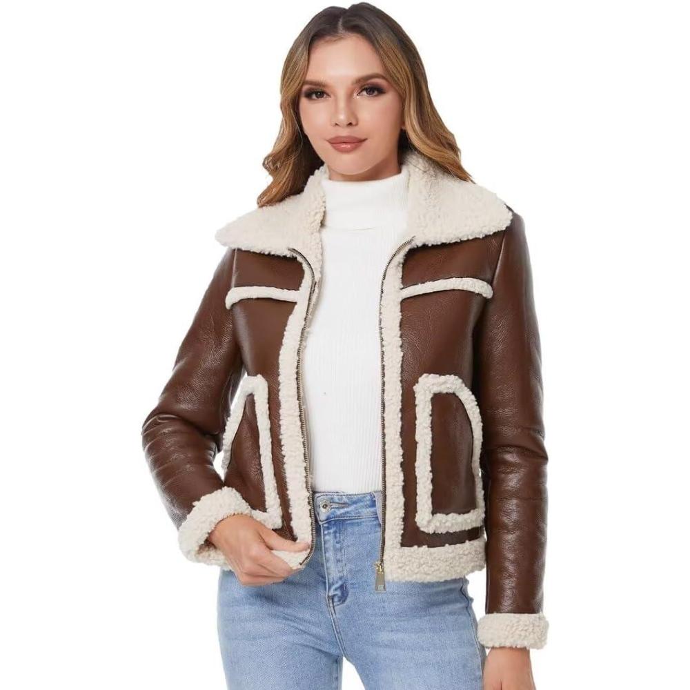 imageDIASHINY Womens Faux Shearing Fur Winter Coat Warm Thick Fur Lined Faux Leather Jacket038 Brown