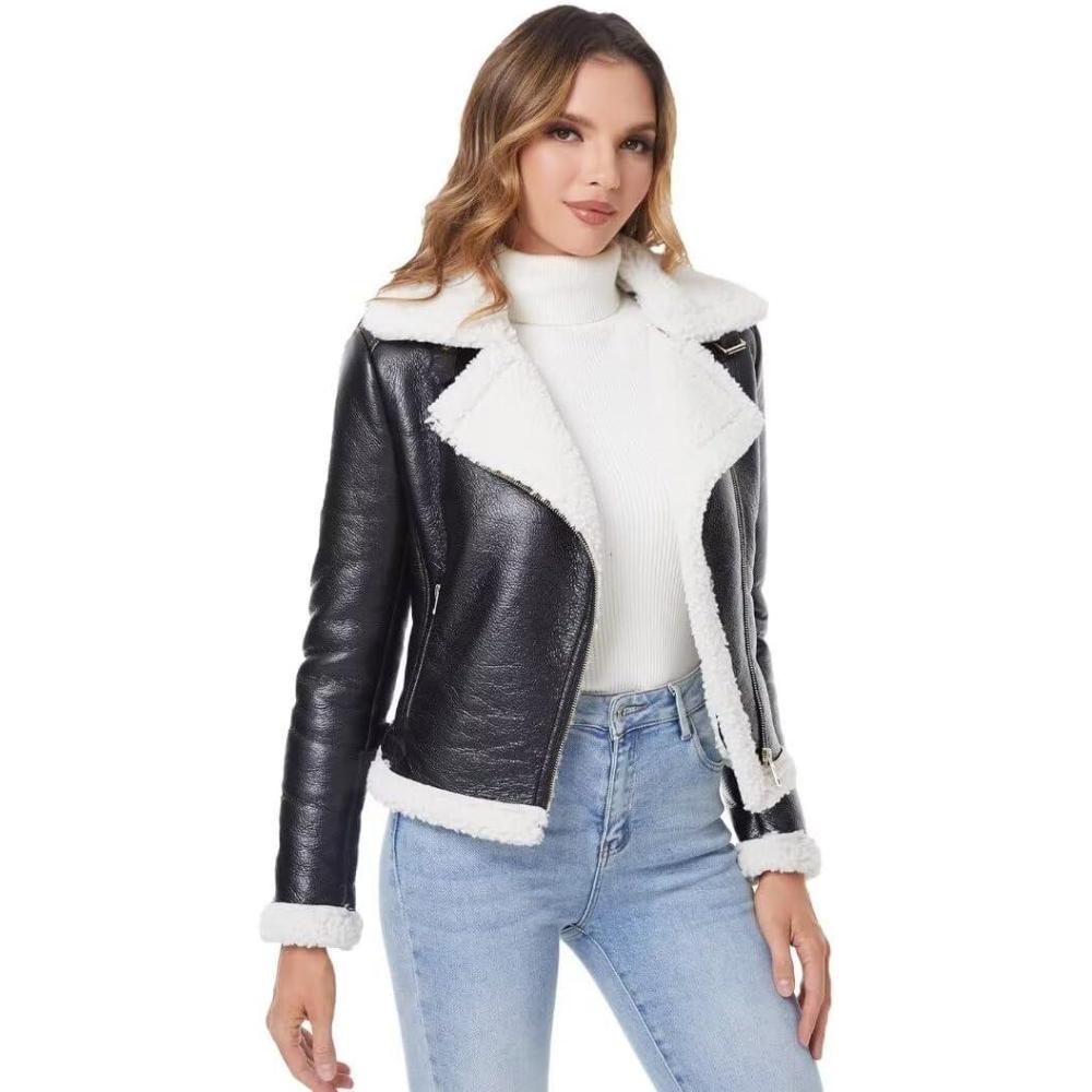 imageDIASHINY Womens Faux Shearing Fur Winter Coat Warm Thick Fur Lined Faux Leather Jacket039 Blackwhite