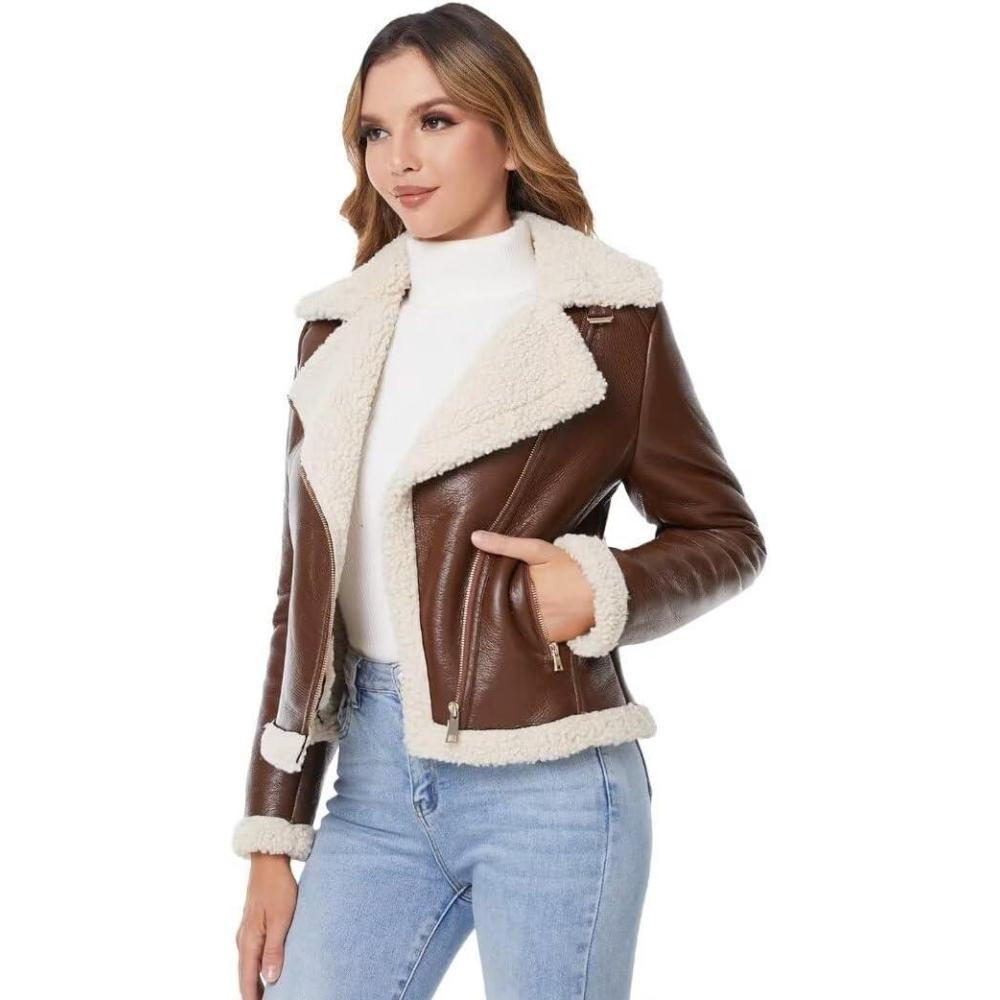 imageDIASHINY Womens Faux Shearing Fur Winter Coat Warm Thick Fur Lined Faux Leather Jacket039 Brown