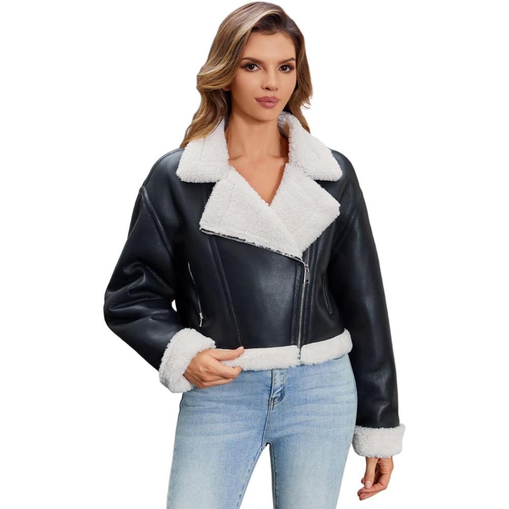 imageDIASHINY Womens Faux Shearing Fur Winter Coat Warm Thick Fur Lined Faux Leather Jacket138 Black