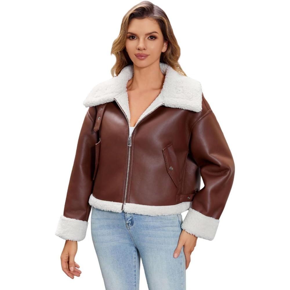 imageDIASHINY Womens Faux Shearing Fur Winter Coat Warm Thick Fur Lined Faux Leather Jacket139 Brown