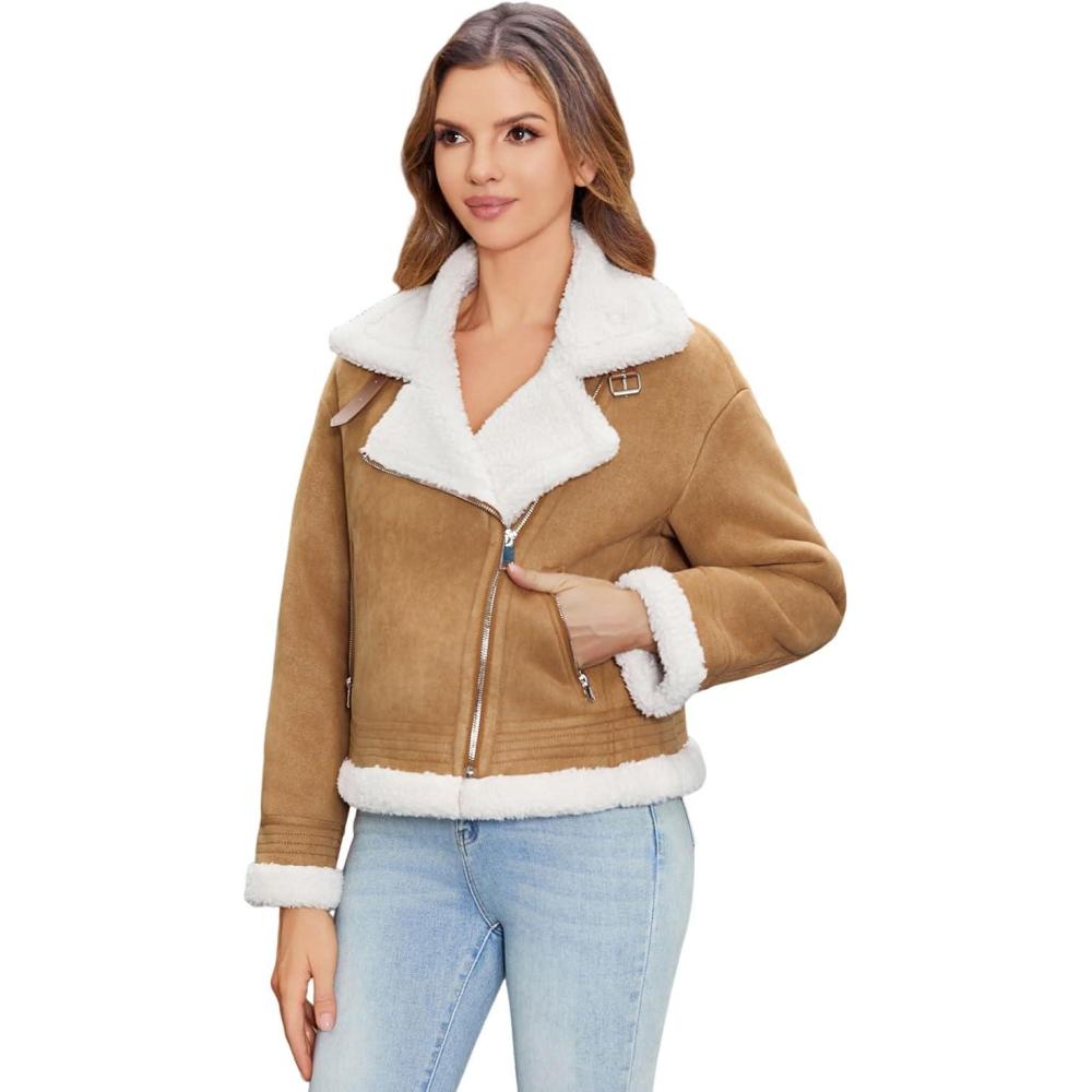 imageDIASHINY Womens Faux Shearing Fur Winter Coat Warm Thick Fur Lined Faux Leather Jacket141 Brown