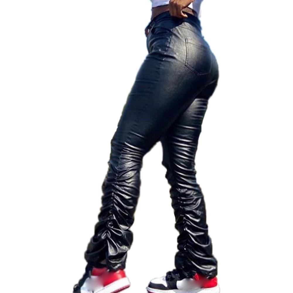 imageECDAHICC Womens PU Leather Stacked Pants Shiny High Waisted Faux Leather Bell Bottom Pants Ruched Leggings ClubwearBlack