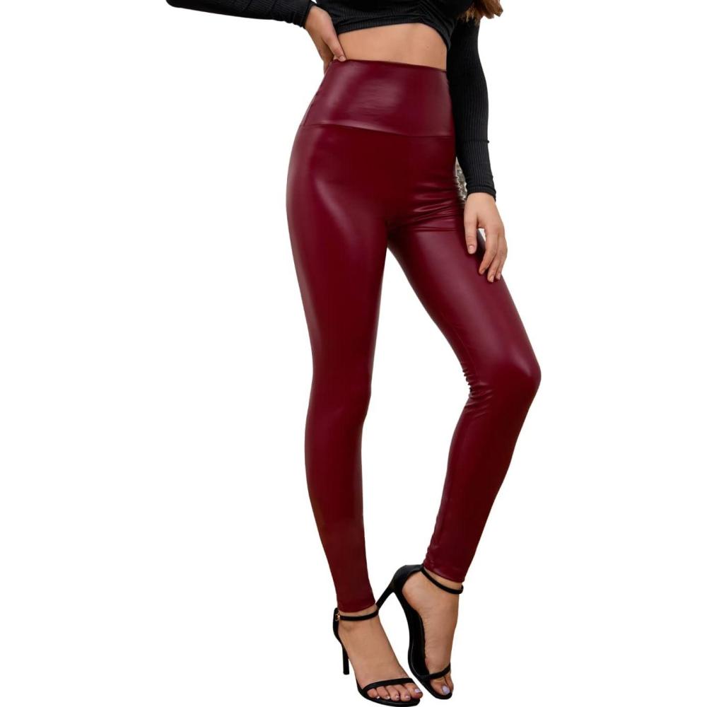 imageEverbellus Sexy Womens Faux Leather High Waisted LeggingsRed