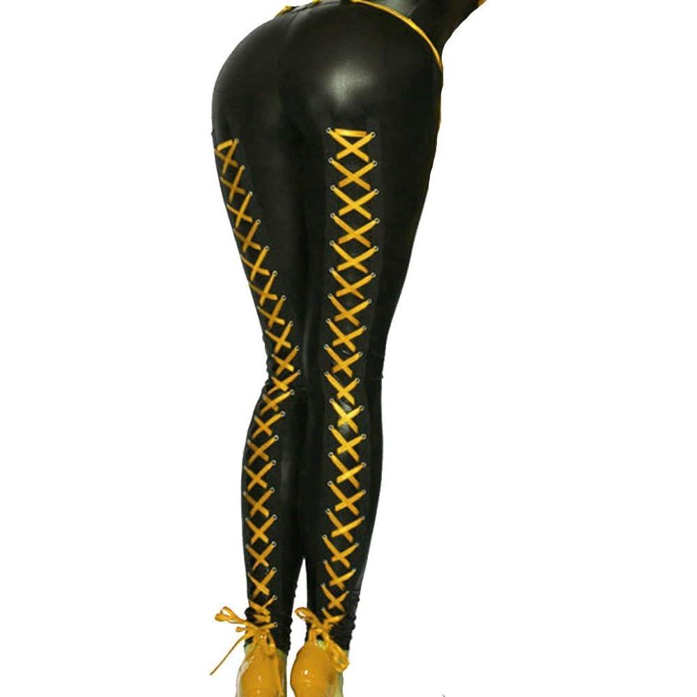 imageFASHION QUEEN Sexy Stretchy Leggings Faux Leather Lace Up Leggings Womens Clubwear Skinny PantsYellow