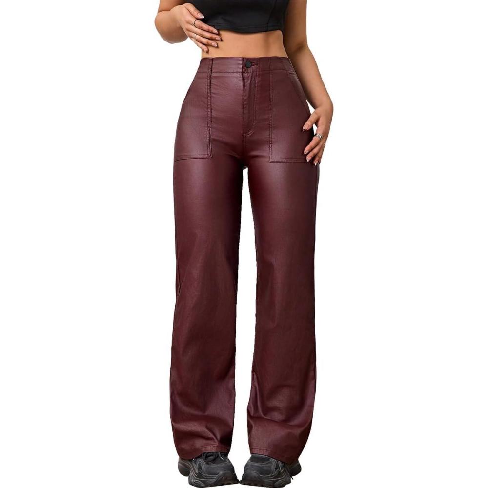 imageFaux Leather Pants High Waist Coated PU Button Straight Leather Black Leggings Wide Leg Pants with PocketsBurgundy