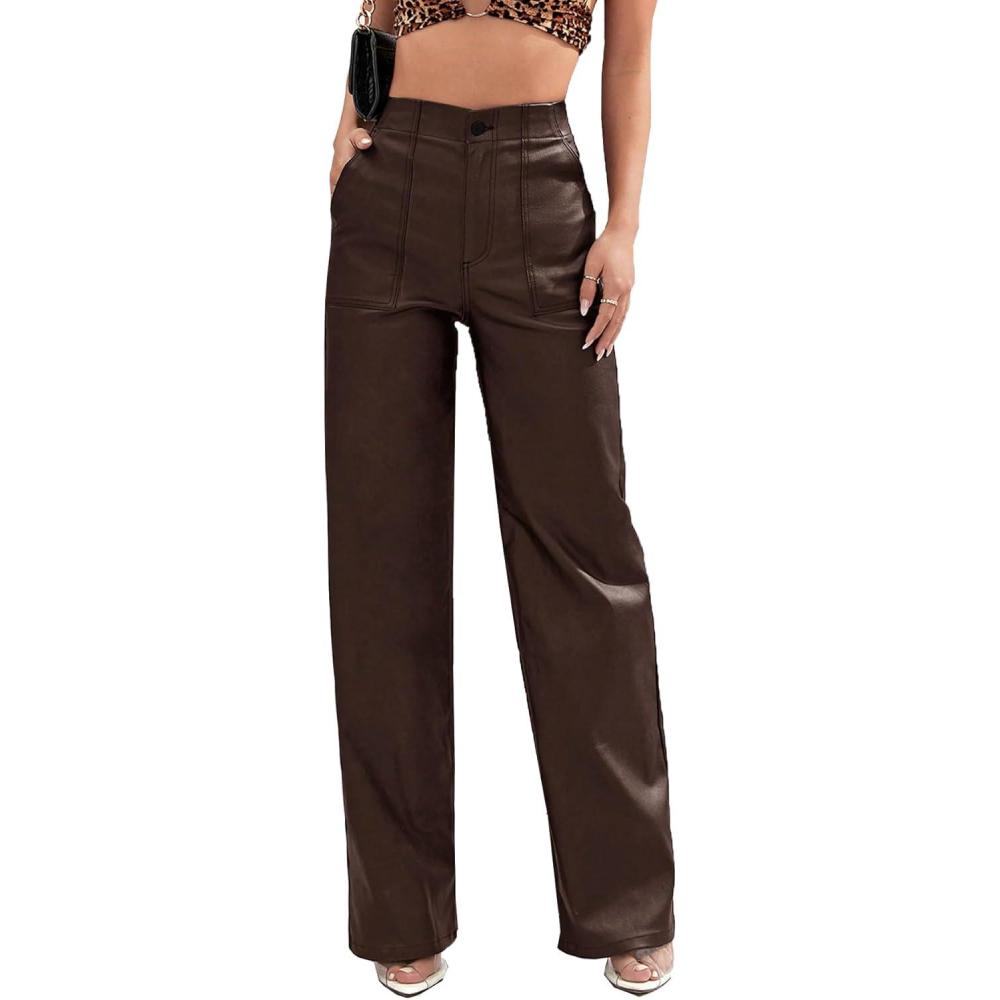 imageFaux Leather Pants High Waist Coated PU Button Straight Leather Black Leggings Wide Leg Pants with PocketsChocolate