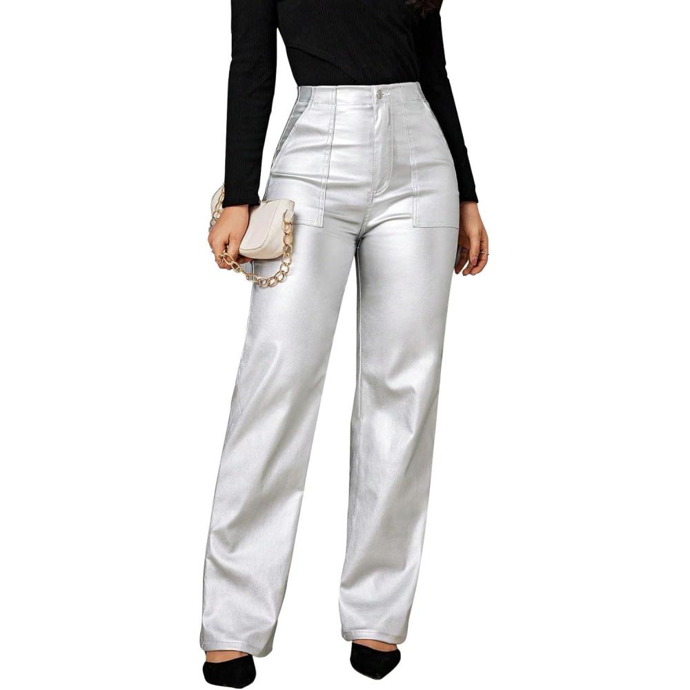 imageFaux Leather Pants High Waist Coated PU Button Straight Leather Black Leggings Wide Leg Pants with PocketsSilver