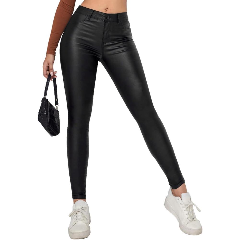 imageFaux Leather Stretchy Skinny Jeggings Coated Faux Leather Legging Pants Mid Waisted with PocketsBlack