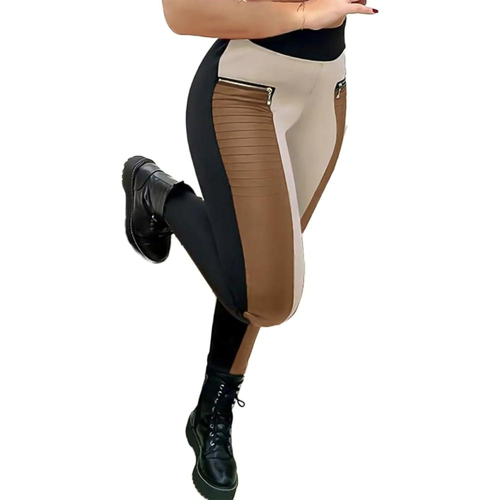 imageFlamingals Faux Leather Leggings for Women Tummy Control High Waisted Motorcycle Leggings Women with Pockets Patch ZipPure Brown