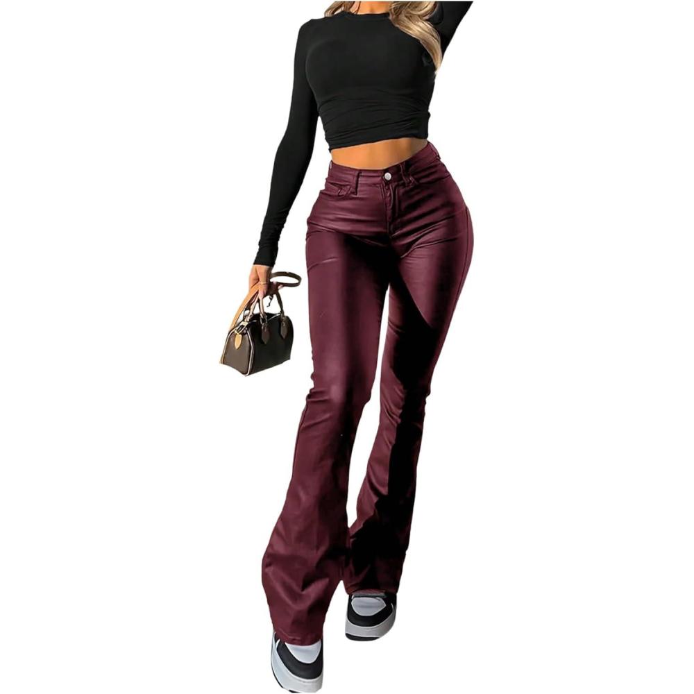 imageFloerns Womens Faux Leather Flare Leggings High Waisted Party Bell Bottom Pants ClubwearBurgundy