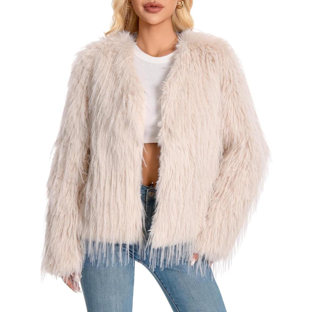 imageFur Coats For Women 2025 Plus Size Mongolian Faux Fuzzy Jacket Fluffy Long Sleeve Winter Coat with PocketsApricot Tassels