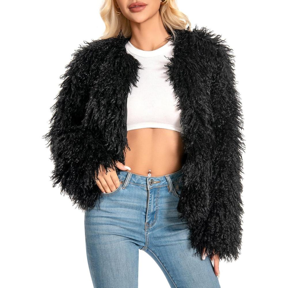 imageFur Coats For Women 2025 Plus Size Mongolian Faux Fuzzy Jacket Fluffy Long Sleeve Winter Coat with PocketsBlack