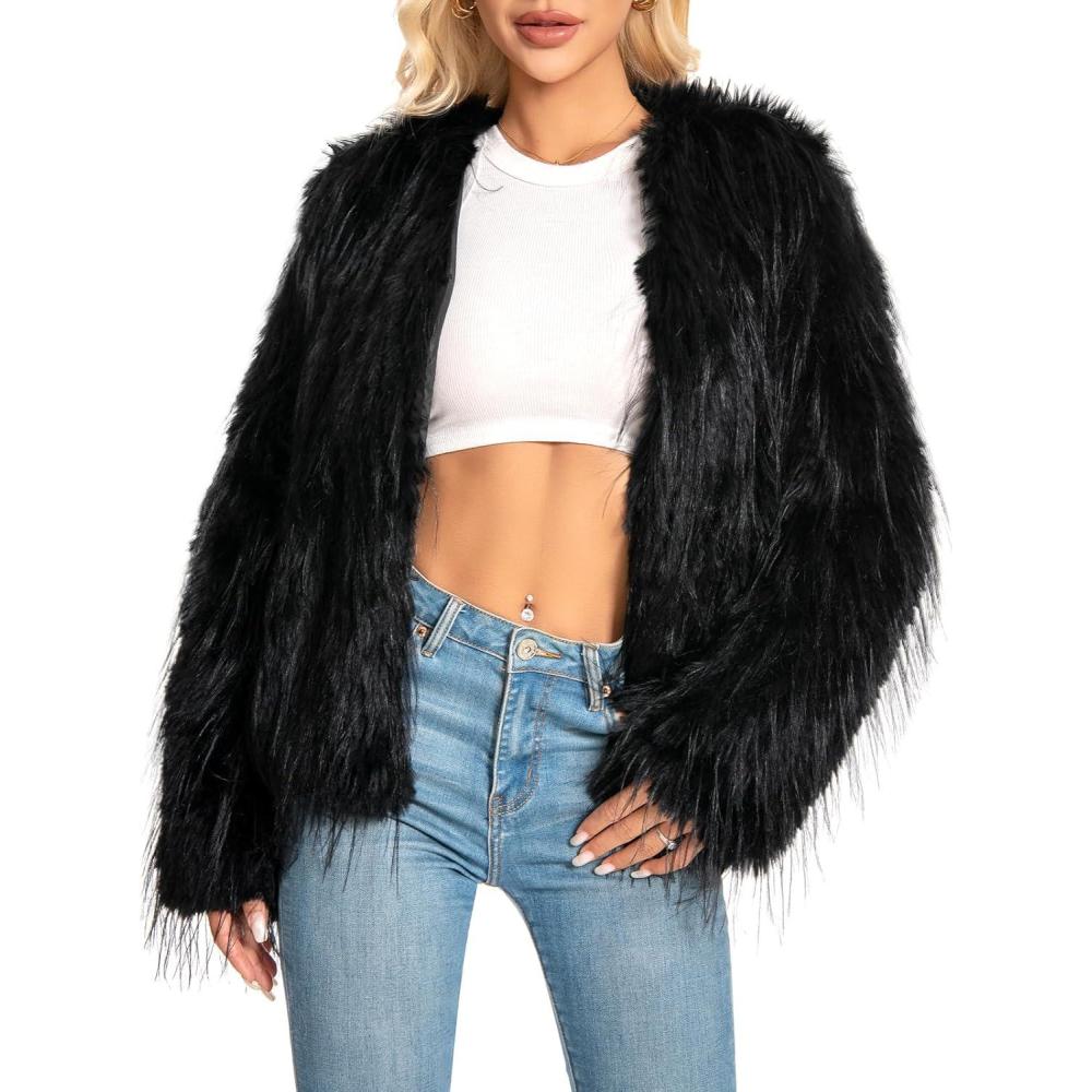 imageFur Coats For Women 2025 Plus Size Mongolian Faux Fuzzy Jacket Fluffy Long Sleeve Winter Coat with PocketsBlack Tassels