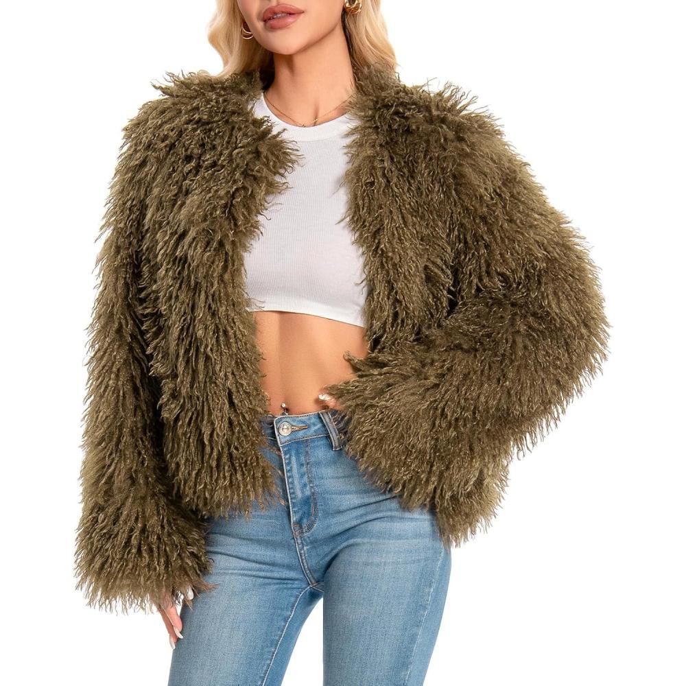imageFur Coats For Women 2025 Plus Size Mongolian Faux Fuzzy Jacket Fluffy Long Sleeve Winter Coat with PocketsBrown