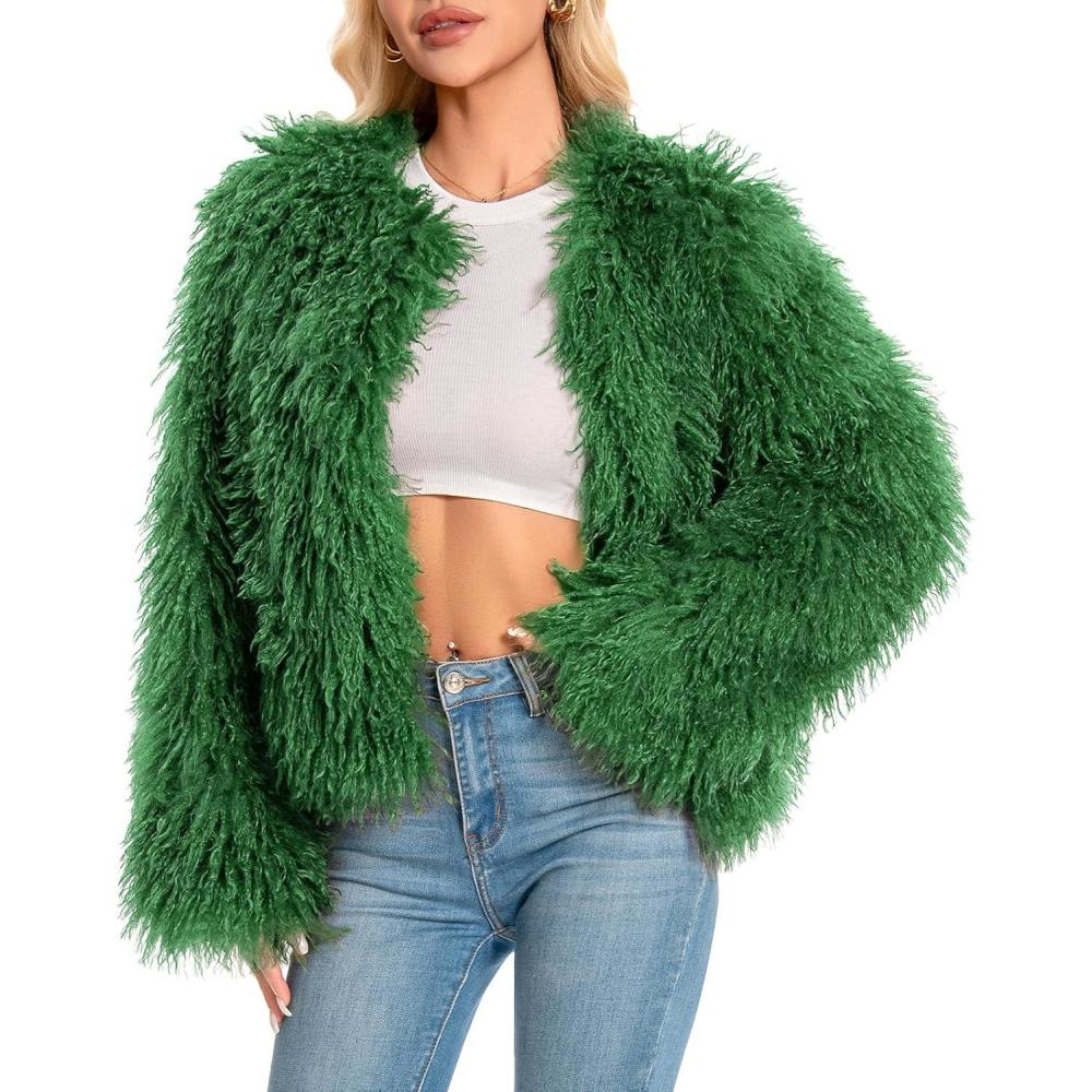 imageFur Coats For Women 2025 Plus Size Mongolian Faux Fuzzy Jacket Fluffy Long Sleeve Winter Coat with PocketsGreen