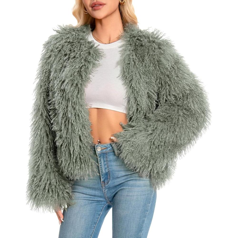 imageFur Coats For Women 2025 Plus Size Mongolian Faux Fuzzy Jacket Fluffy Long Sleeve Winter Coat with PocketsGreen Ash