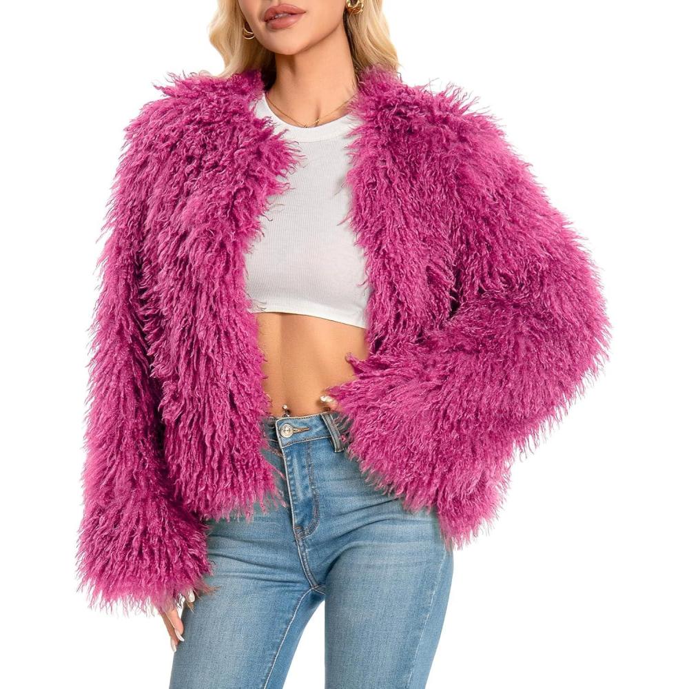 imageFur Coats For Women 2025 Plus Size Mongolian Faux Fuzzy Jacket Fluffy Long Sleeve Winter Coat with PocketsPink
