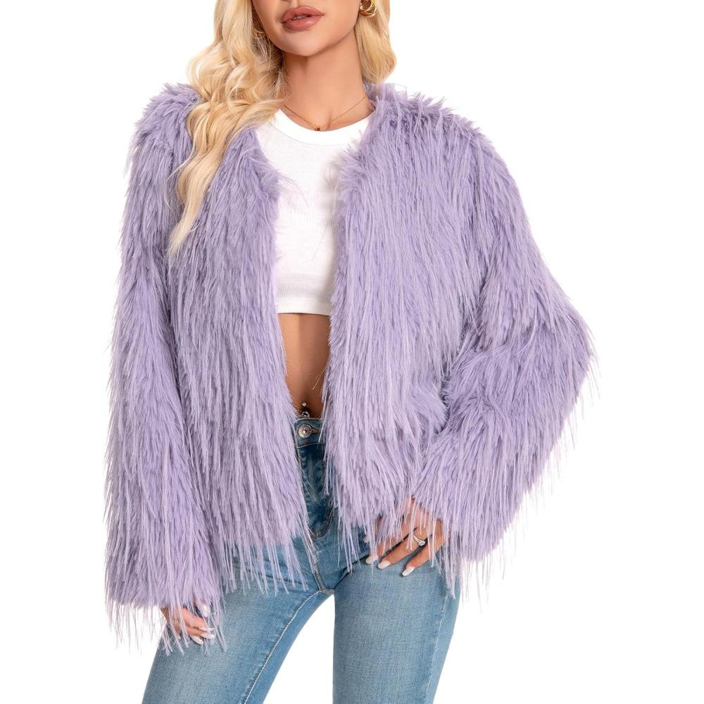 imageFur Coats For Women 2025 Plus Size Mongolian Faux Fuzzy Jacket Fluffy Long Sleeve Winter Coat with PocketsPurplegrey Tassels