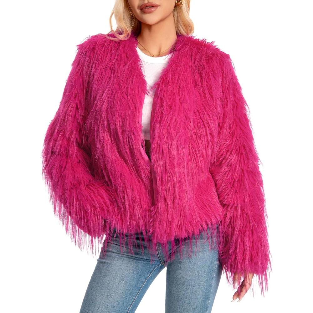 imageFur Coats For Women 2025 Plus Size Mongolian Faux Fuzzy Jacket Fluffy Long Sleeve Winter Coat with PocketsRosered Tassels