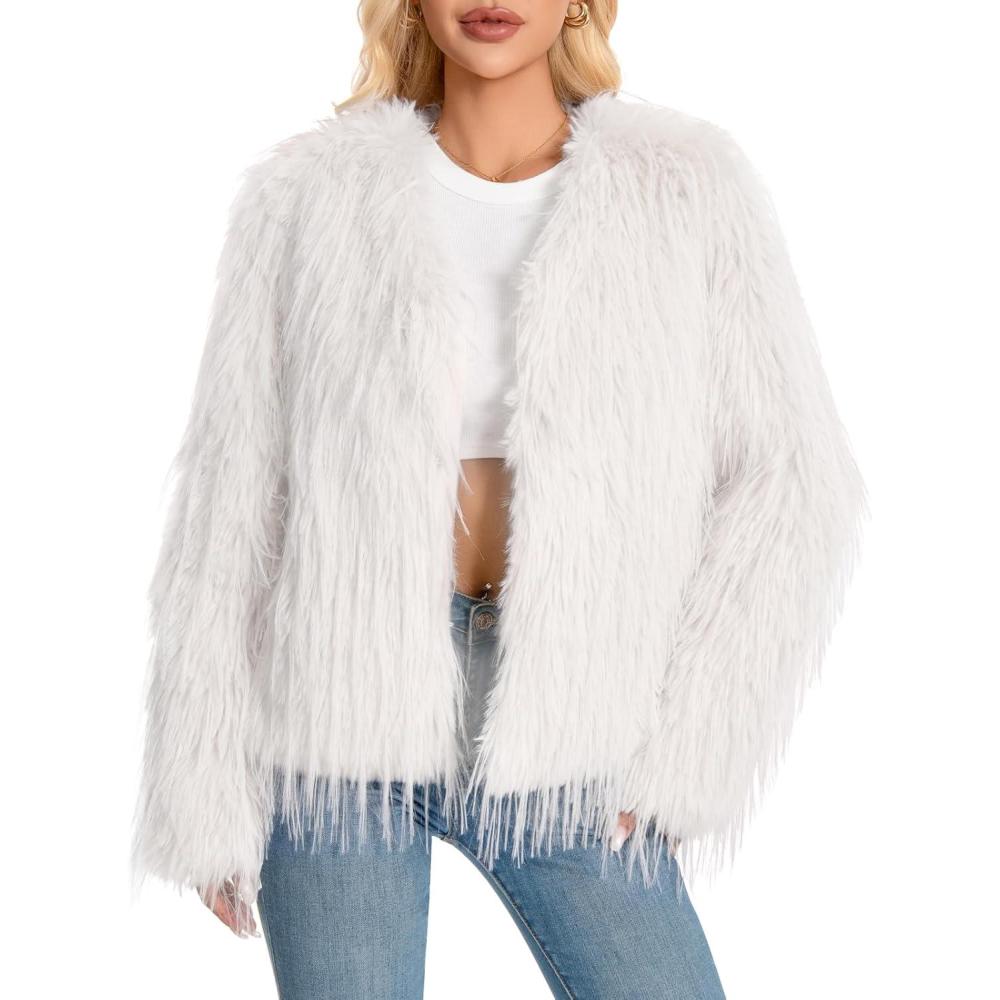 imageFur Coats For Women 2025 Plus Size Mongolian Faux Fuzzy Jacket Fluffy Long Sleeve Winter Coat with PocketsWhite Tassels