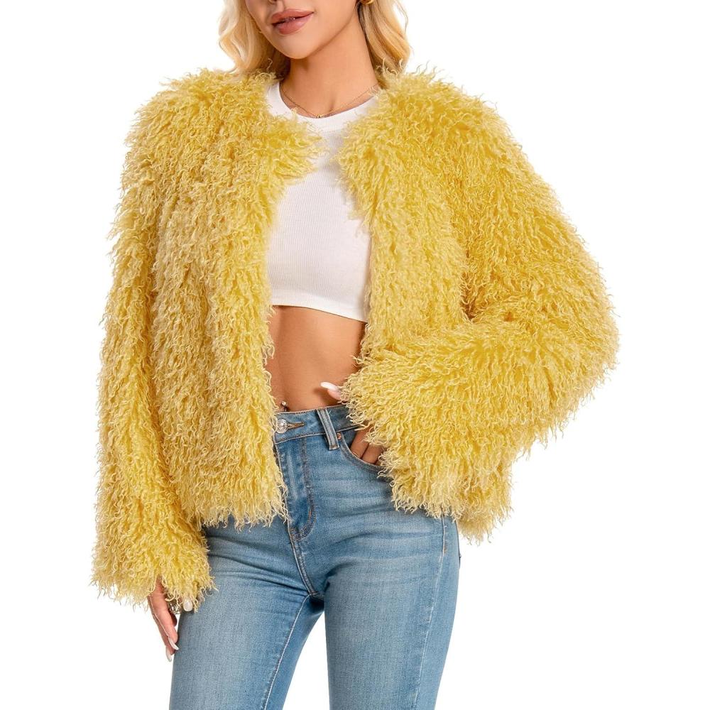 imageFur Coats For Women 2025 Plus Size Mongolian Faux Fuzzy Jacket Fluffy Long Sleeve Winter Coat with PocketsYellow
