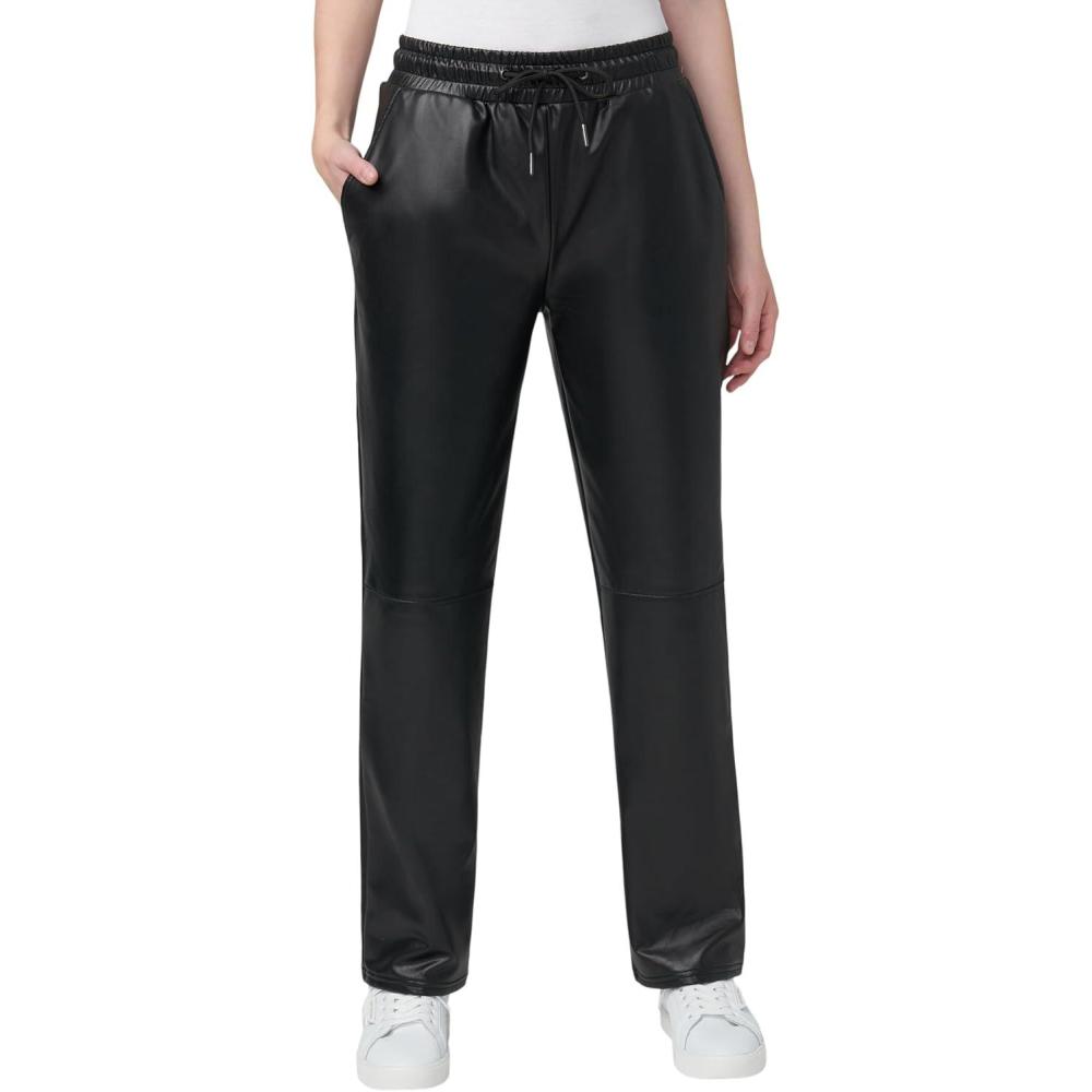 imageHUE Womens High Rise Faux Leather Straight Leg PantsBlack