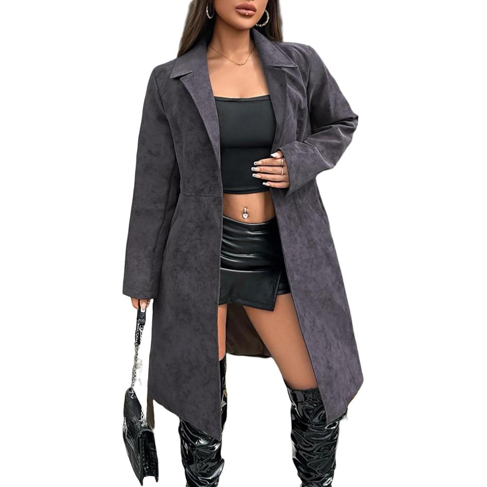 imageLeather Jacket Women Trench Coat Long Loose Button Lined Jacket Open Front Faux Motorcycle Coat with BeltGray 025