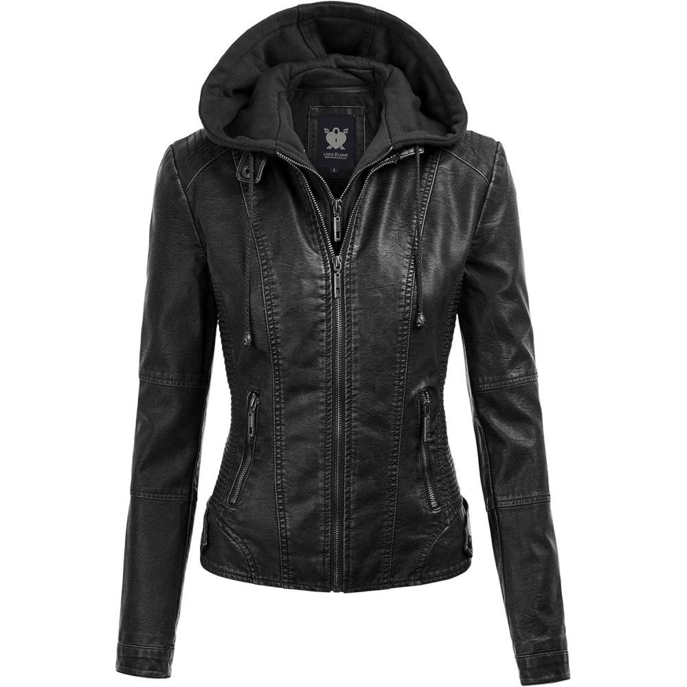 imageLock and Love Womens Faux Leather Moto Biker Jacket Coat with Removable or NonRemovable HoodWjc1044black